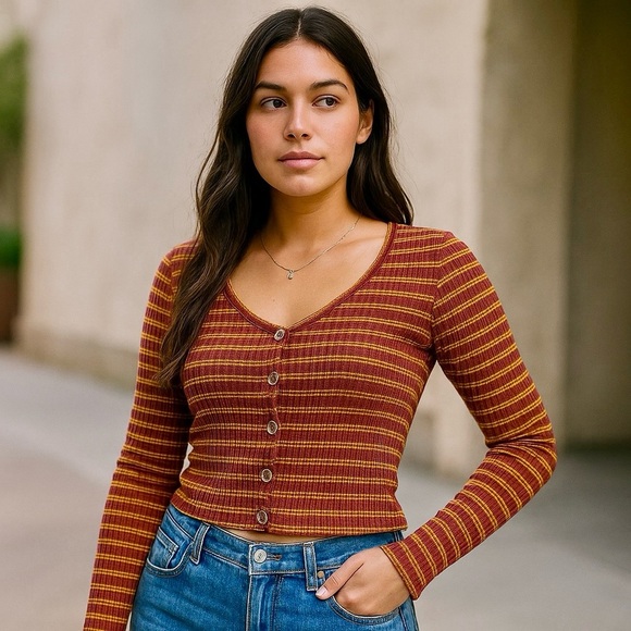 Garage Tops - Garage P/S Striped Ribbed Button Front Long Sleeve Top Red Yellow Scoop Neck